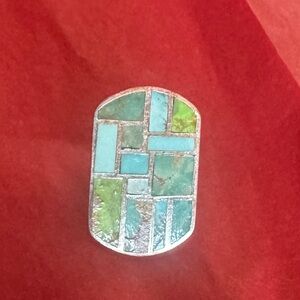 Vintage Sterling Silver Inlaid Turquoise Ring Signed 1 1/8 Inch long! Size 4 1/2